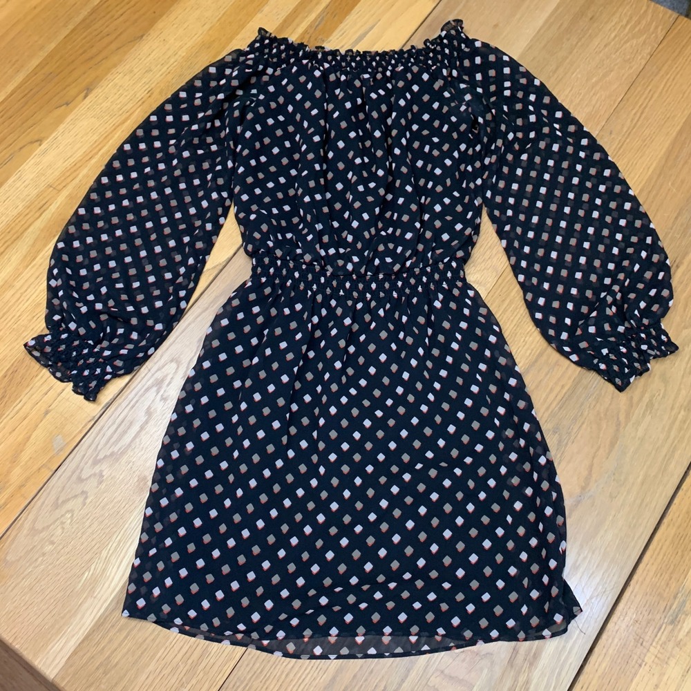 White House Black Market Geometric‎ Diamond Smocked Off Shoulder Dress Black XS
